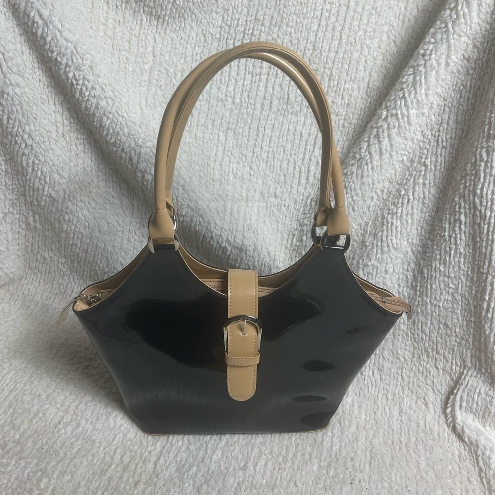 Beijo Black Patent Leather tan straps & front Buckle shoulder bag.